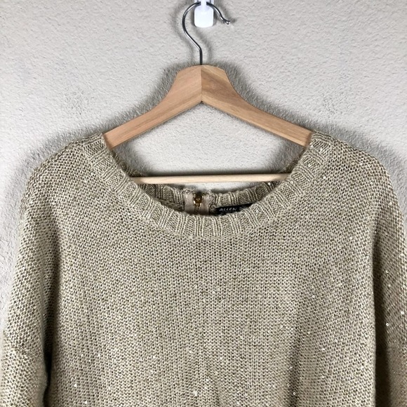 ALLEN B by Allen Schwartz Womens Sweater Medium Gold Knit Shimmery Crew Neck Zip - Picture 3 of 12